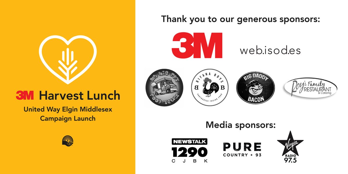 United Way Elgin Middlesex (@unitedwayemca) on Twitter photo Big shout out to our generous sponsors for making 2020 #3MHarvestLunch happen! Thank you for serving up some #LocalLove.
p2p.onecause.com/3m-harvest-lun…
@3MCanada <a href="/webisodes_/">web.isod.es</a> <a href="/MyBigFatFoodTr1/">My Big Fat Food Truck</a> <a href="/bifana_boys/">Bifana boys</a> @CJBK <a href="/PureCountry93/">London's Pure Country 93</a> <a href="/VirginRadioLON/">VirginRadioLondonCA</a> Big shout out to our generous sponsors for making 2020 #3MHarvestLunch happen! Thank you for serving up some #LocalLove.
p2p.onecause.com/3m-harvest-lun…
@3MCanada <a href="/webisodes_/">web.isod.es</a> <a href="/MyBigFatFoodTr1/">My Big Fat Food Truck</a> <a href="/bifana_boys/">Bifana boys</a> @CJBK <a href="/PureCountry93/">London's Pure Country 93</a> <a href="/VirginRadioLON/">VirginRadioLondonCA</a>