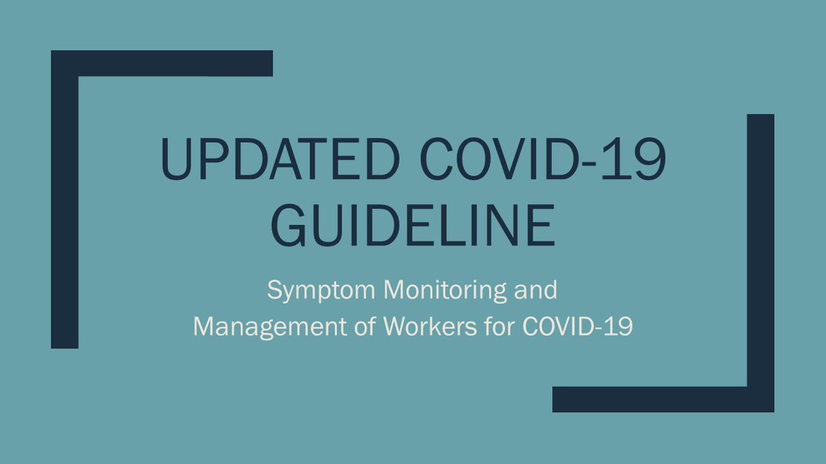 nioh_sa's tweet image. Here are the latest guidelines for Symptom Monitoring and Management of Workers for COVID-19. 
Click here: tinyurl.com/yy6qftob

#Level2Lockdown
@HealthZA @nicd_sa @GCISMedia @DeptOfLabour