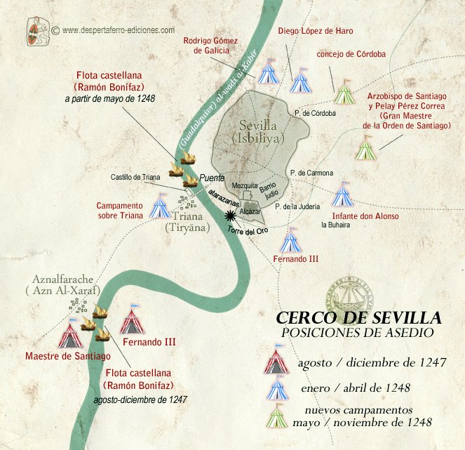 Tal día como hoy hace 773 años (1247) comenzaba el asedio de Isbilya por parte de las tropas y aliados de Fernando III de Castilla y León. 

Los cristianos, aproximadamente, sumaban 25.802 soldados, mientras que los musulmanes 47.000.