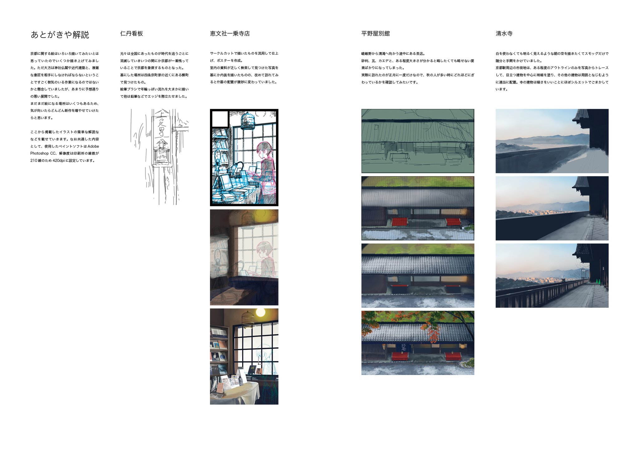 草壁 Comitia138て01a 同人誌づくりに勤しむ作家さんたちへ 14年に作ったイラスト集の解説ページのビフォアフターをお送りします 〆切ギリギリすぎな上に飾り方も思い付かずに白地で放り出したものが改版時にごっそりと変わりました 京都市中の地図を