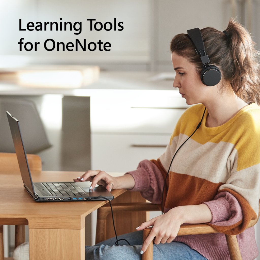 side angle image of a woman sitting at a desk working on her computer. Image copy says "Leaning tools in OneNote" 