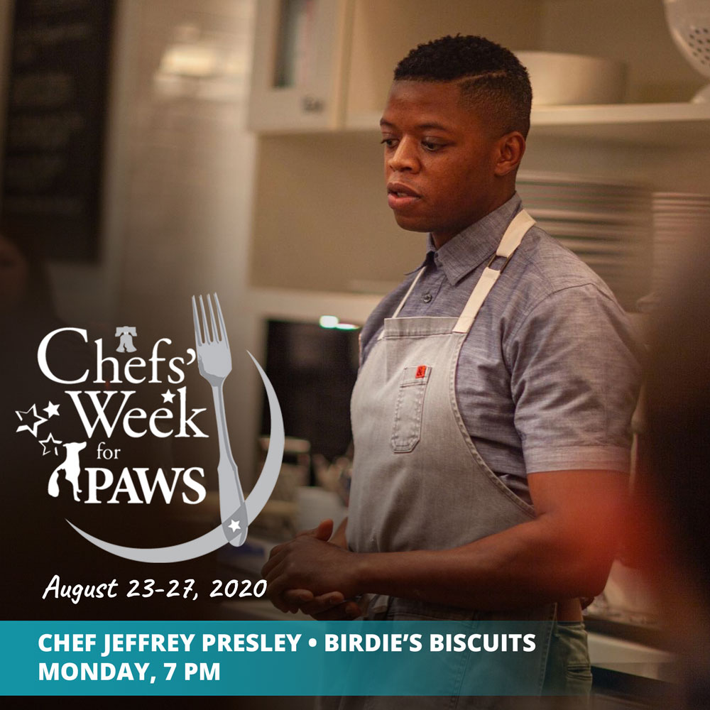phillypaws's tweet photo. Don't miss night 2 of #ChefsWeekForPAWS! Starting at 7pm, Chef Jeffrey Presley of @birdiesbiscuits will share his special family recipe: Wisconsin Cheddar Biscuits! @mor100 will also introduce us to the tiniest creatures that #phillypaws saves. Tune in: https://t.co/zbshmZHOhO. https://t.co/SVWAcAuQRu