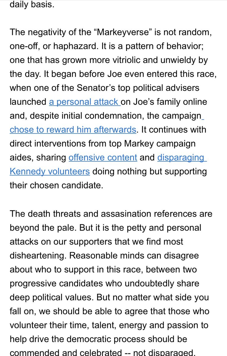 Joe Kennedy campaign manager Nick Clemons sent a letter to Ed Markey campaign manager John Walsh “requesting a personal and public statement” from Markey “instructing his followers to immediately end the attacks on Joe’s supporters [and] the threats to Joe and his family’s life.”