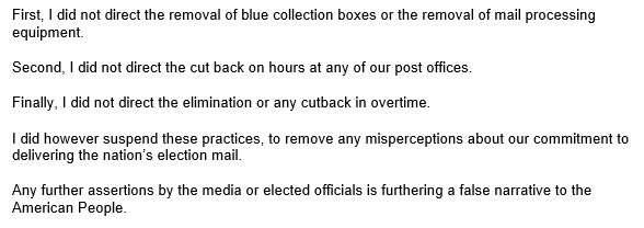 GeoffRBennett's tweet image. DeJoy says at today's #USPS House hearing that he "did not direct" the removal of collection boxes and processing machines, the reduction of post office hours nor any cuts to overtime. 

Documents show the changes happened after he was installed. If he didn't direct it, who did?