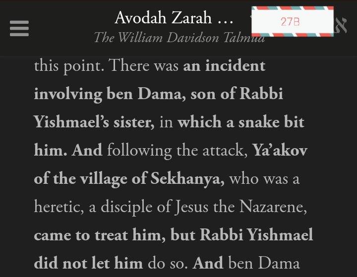 Jesus in the Talmud again, second incident in Avodah Zarah whether it is allowed to heal in his name.The notes on Halakhah version confirm also claims different outcome. Hmm