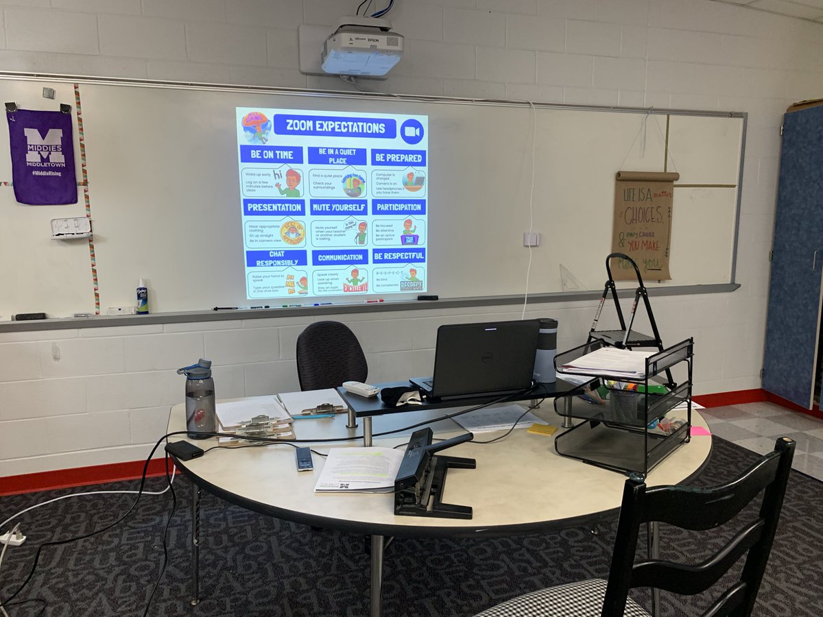 MrK_MathTeacher's tweet photo. We’re finally back!!! Even though it’s not in person it feels great to be back in school mode. How is everyone connecting with your class? Here’s my set up. #MiddieRising #WeGotYour6 https://t.co/hCAsbSVekq