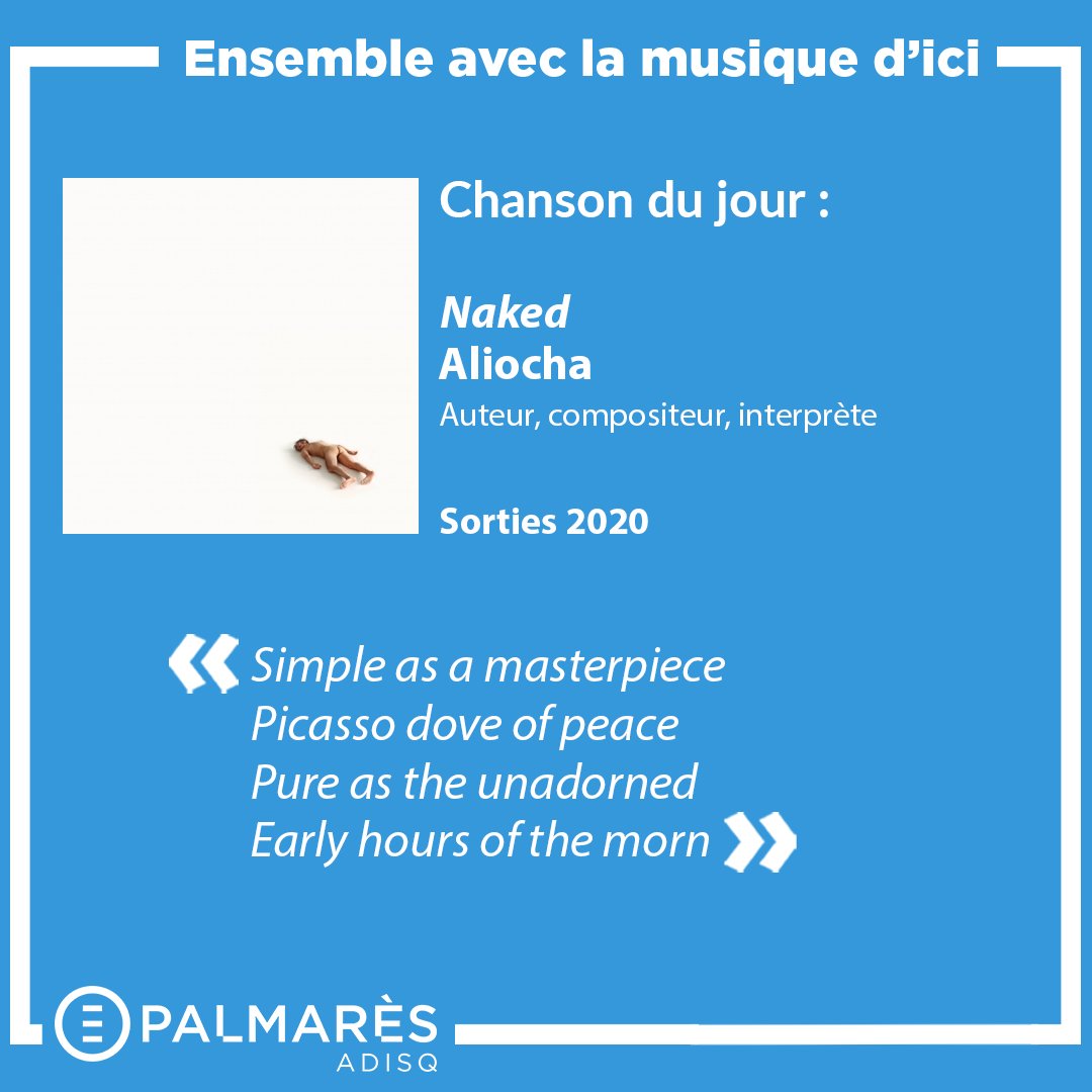 Adisq (@adisq_) on Twitter photo Chanson du jour : « Naked » de <a href="/AliochaOfficial/">Aliocha Schneider</a> 💙
Écoutez-la sur <a href="/QUBmusique_ca/">QUB musique</a> 👉 musique.qub.ca/embed/chanson/…
Disponible ici 👉 smarturl.it/Aliocha-naked Chanson du jour : « Naked » de <a href="/AliochaOfficial/">Aliocha Schneider</a> 💙
Écoutez-la sur <a href="/QUBmusique_ca/">QUB musique</a> 👉 musique.qub.ca/embed/chanson/…
Disponible ici 👉 smarturl.it/Aliocha-naked