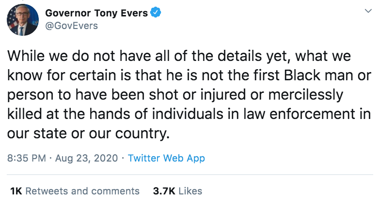 Tweets like this are morally repulsive. Evers openly admits he has no information or details, then goes right ahead and suggests the cops here are racists involved in an unjustifiable shooting. This is the governor of the state in which this incident occurred.