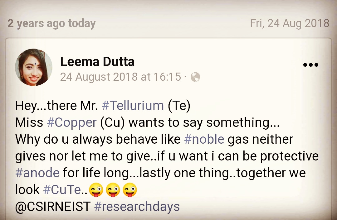 dutta_leema's tweet photo. When there was high levels of serotonin, dopamine and low levels of cortisol in my body. Before corona days🤪🤪
#chemistry #reserach #researchdays2018 #researcher #chemistrymeme #phdlife #precoronadays #phdmemes @grawoig @AcademicChatter https://t.co/8gYPTX1qz0 https://t.co/97xJ8zXtpu