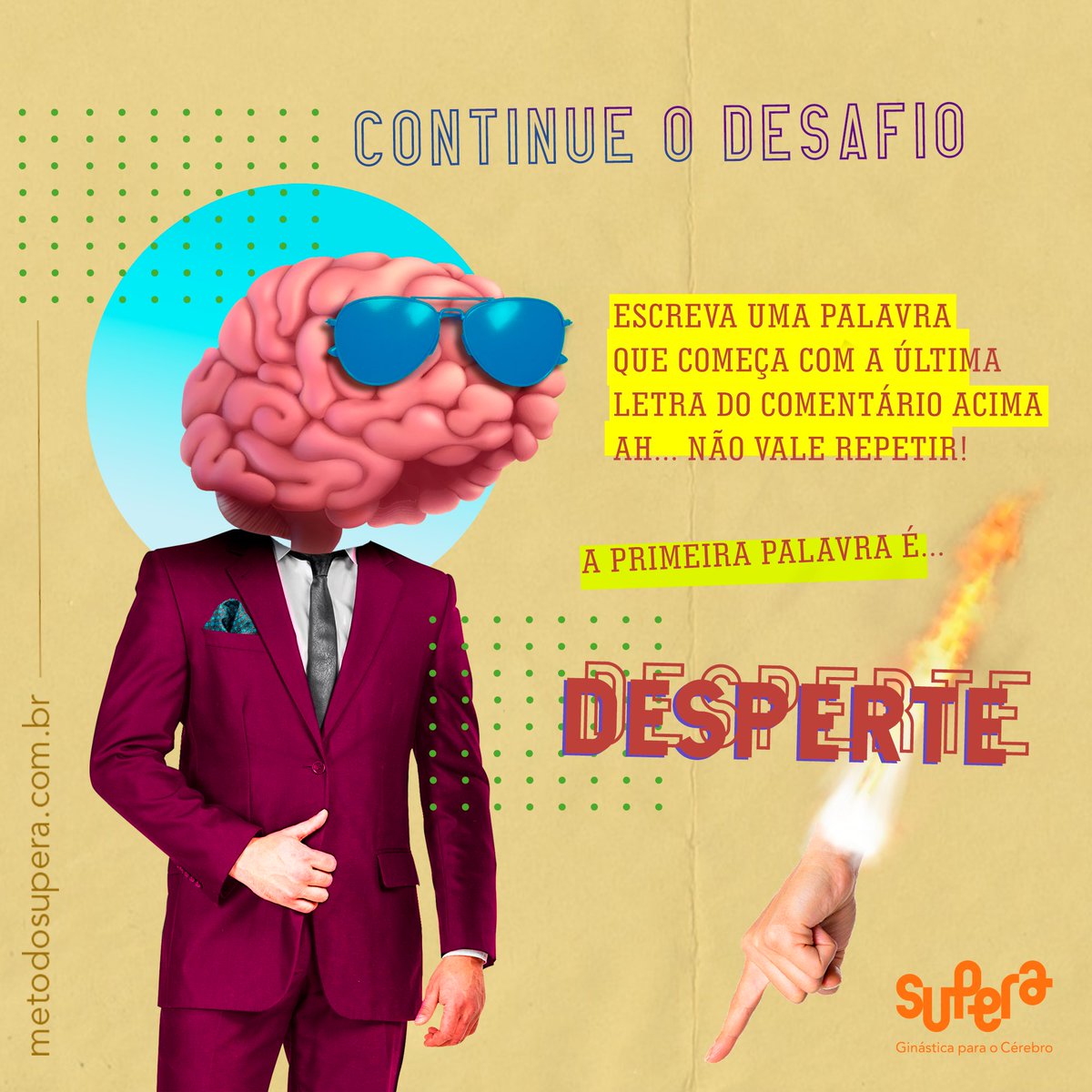 MetodoSupera's tweet image. Vamos ver como está a criatividade de vocês hoje?!💡
Prestem atenção: escrevam uma palavra que começa com a última letra do comentário de cima😉
Lembrando: não vale repetir a palavra já usada, viu?!✌⁣
#MétodoSUPERA #PenseSUPERA #GinásticaParaoCérebro #Desafio