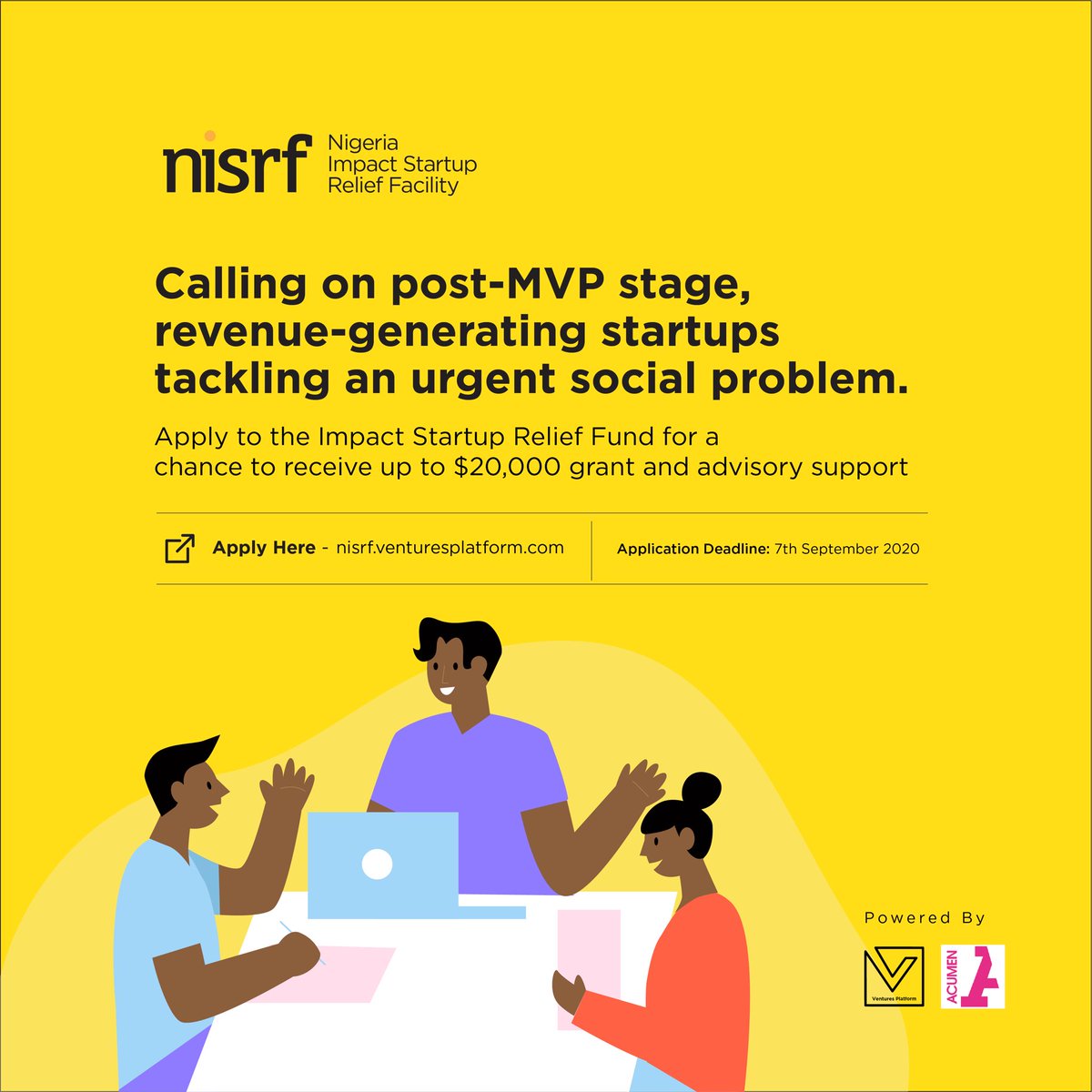This is why  @vplatformhub &  @Acumen, with support from  @_loftyinc_, are launching the Nigeria Impact Startup Relief Facility (NISRF) to disburse grants to qualifying post-MVP stage, high-growth startups so they remain resilient through the  #COVID19 crisis.