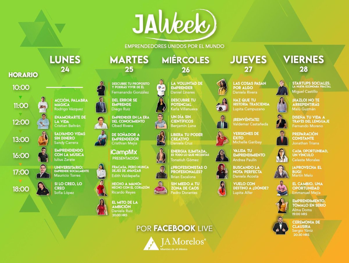JAMexico_org's tweet photo. Hoy inicia #JAWeek de JA Morelos, una semana llena de #conferencias virtuales con grandes personalidades y emprendedores que buscarán compartir sus historias de vida y aprendizajes que les hicieron posible alcanzar sus metas ⭐️
No te pierdas del evento a través de su Facebook 🎥 https://t.co/IzYz4HhRZW