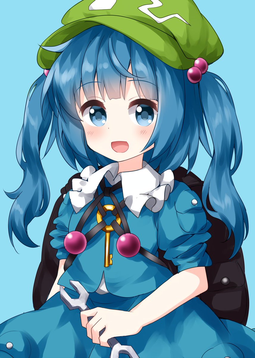 kawashiro nitori 1girl solo blue hair key bag hat blue eyes  illustration images