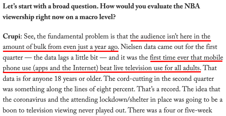 ConvergenceTR's tweet photo. It's becoming more evident that the #media foundation on which the #sportsbiz was built – and still runs – is not only shifting, it's cracking. Key para from @richarddeitsch's @TheAthletic discussion w/ @AustinKarp & @crupicrupicrupi re #NBA ratings...
#goodlucktv #CUSDig https://t.co/N2amyo9txm