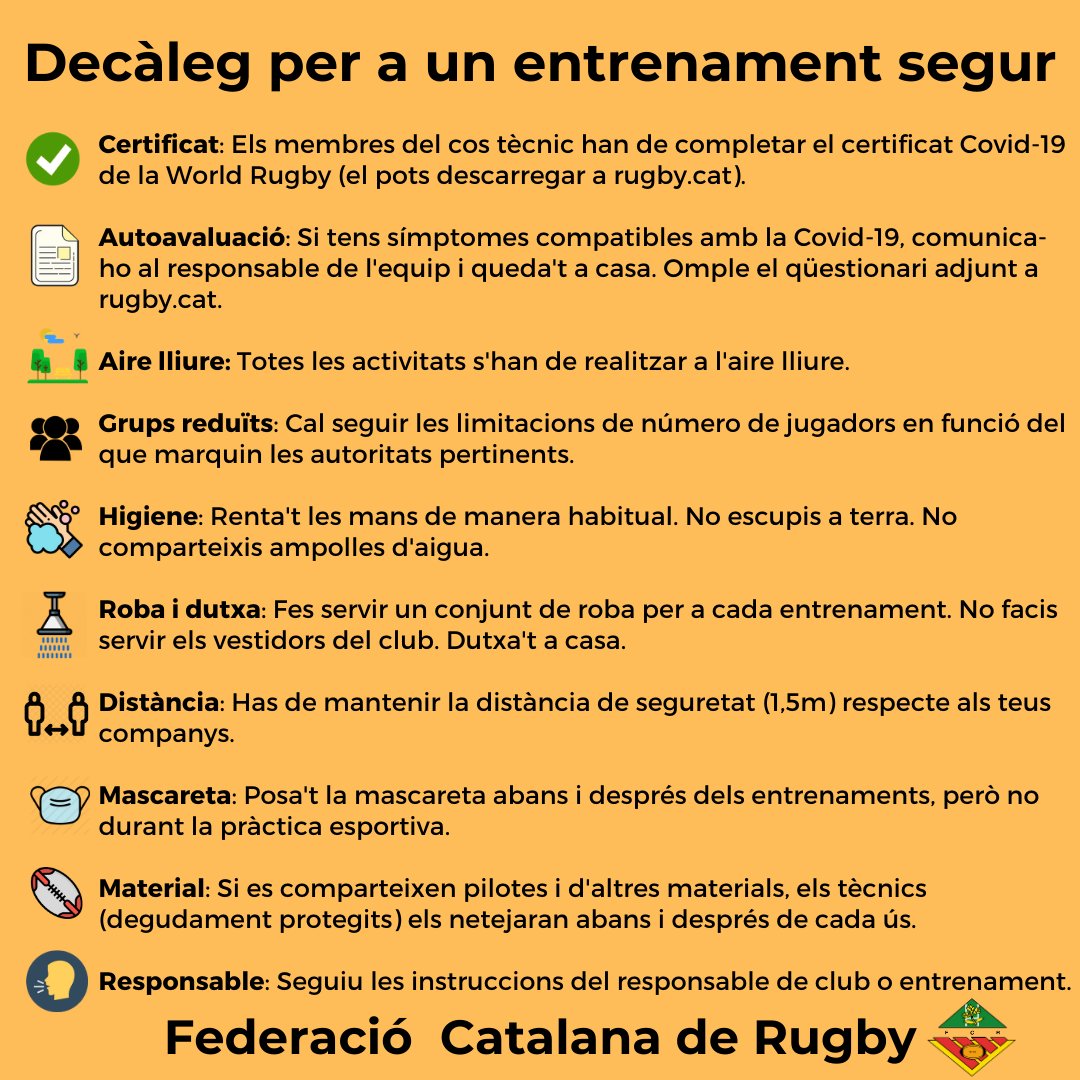 rugby_cat's tweet image. Tornaran les melés, els placatges i tota l'alegria del rugby, però mentrestant cal ser responsable i entrenar de manera segura. Segueix aquest decàleg quan vagis a entrenar 😷🏉 #tornarem 
Els documents citats els pots trobar a rugby.cat/comissio-medica