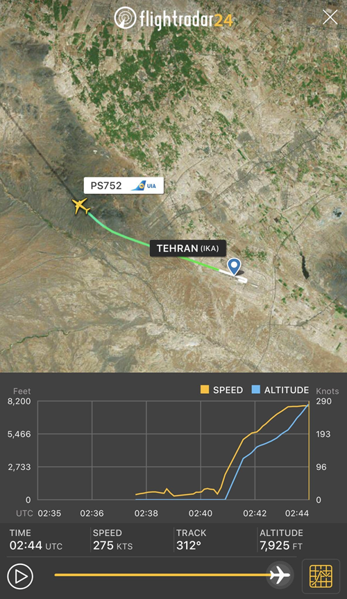 10)-Image of Ukraine Airlines Boeing 737 crash site near Tehran airport-FlightRadar24 reports the Ukrainian airliner reached a maximum altitude of 7,925 feet before tracking stopped & contact was lost(Credit:  @ELINTNews)