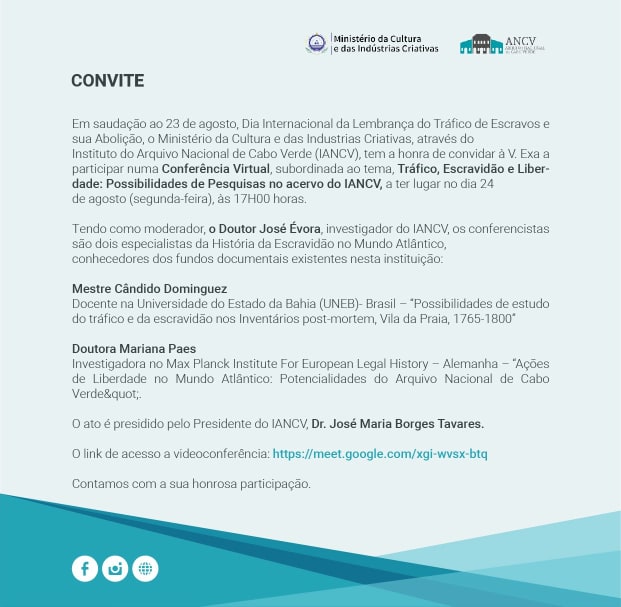 Daqui a pouco, às 15:00 do Brasil, vou falar sobre processos judiciais envolvendo escravos no Arquivo Nacional de Cabo Verde. Quem tiver interesse, pode me mandar uma mensagem que envio o link.