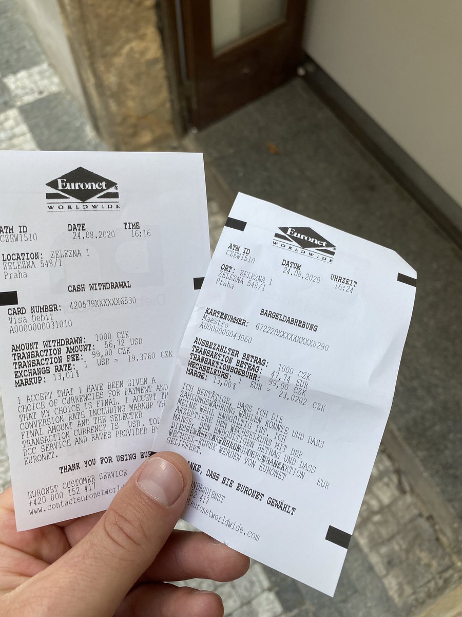❗️BEWARE ❗️ New ATM installed in Prague. It will try to charge you 13% fee  for withdrawing! There are 11 more within 2 min walk that do the same  thing. Always DENY