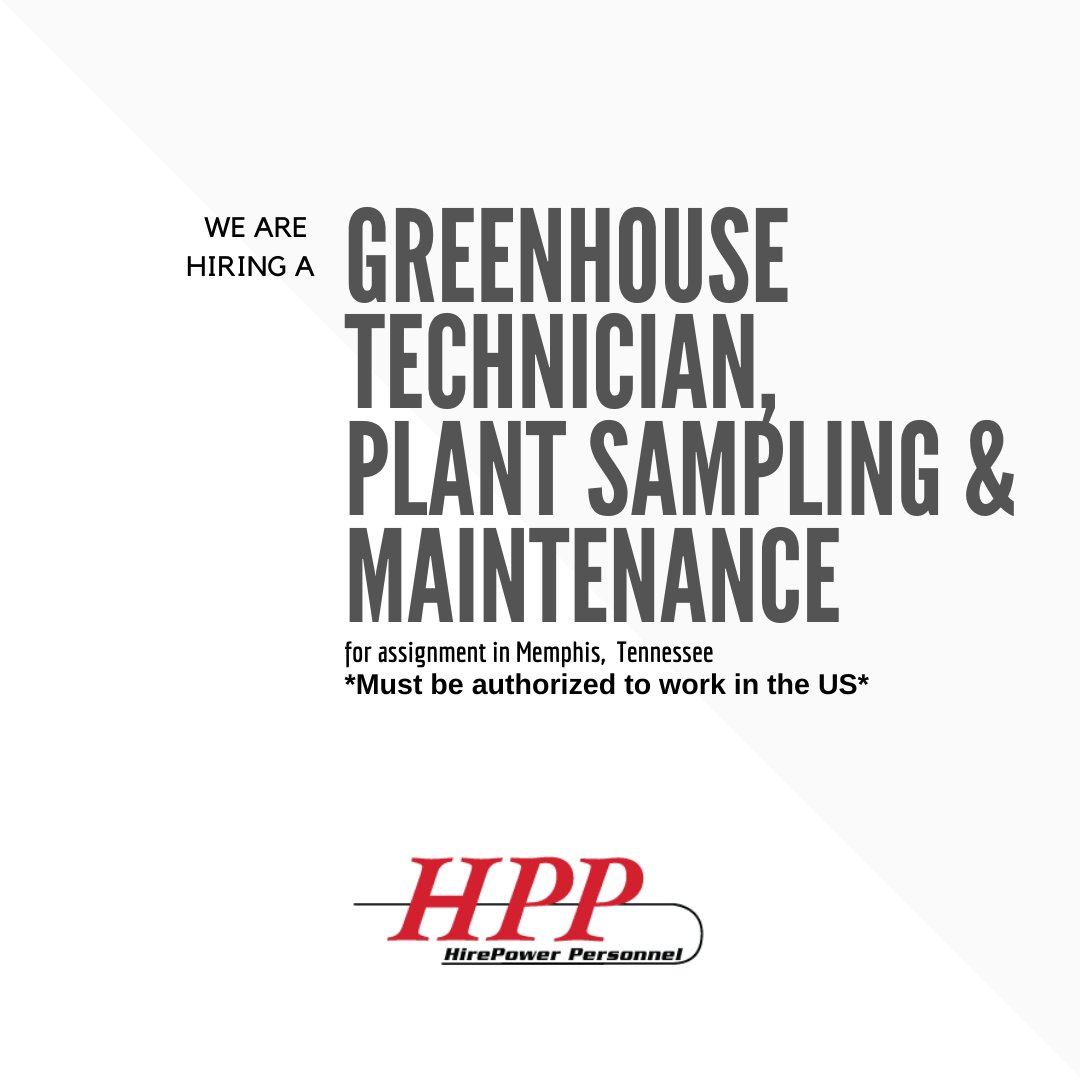 HPPStaffing's tweet image. We are #hiring a Greenhouse Technician, Plant Sampling &amp;amp; Maintenance for assignment in Memphis, Tennessee to apply and for more information please visit the following link: portal.dynamicsats.com/JobListing/Det… #GreenhouseTechnician #PlantSampling #Maintenance #Memphis #tennesseejobs