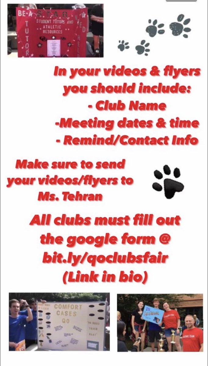 All students who are apart of clubs-make sure your club coordinates with each other to send in a short video, flyer, or slide to Ms. Tehran sharing more info about your club for the virtual club fair!!