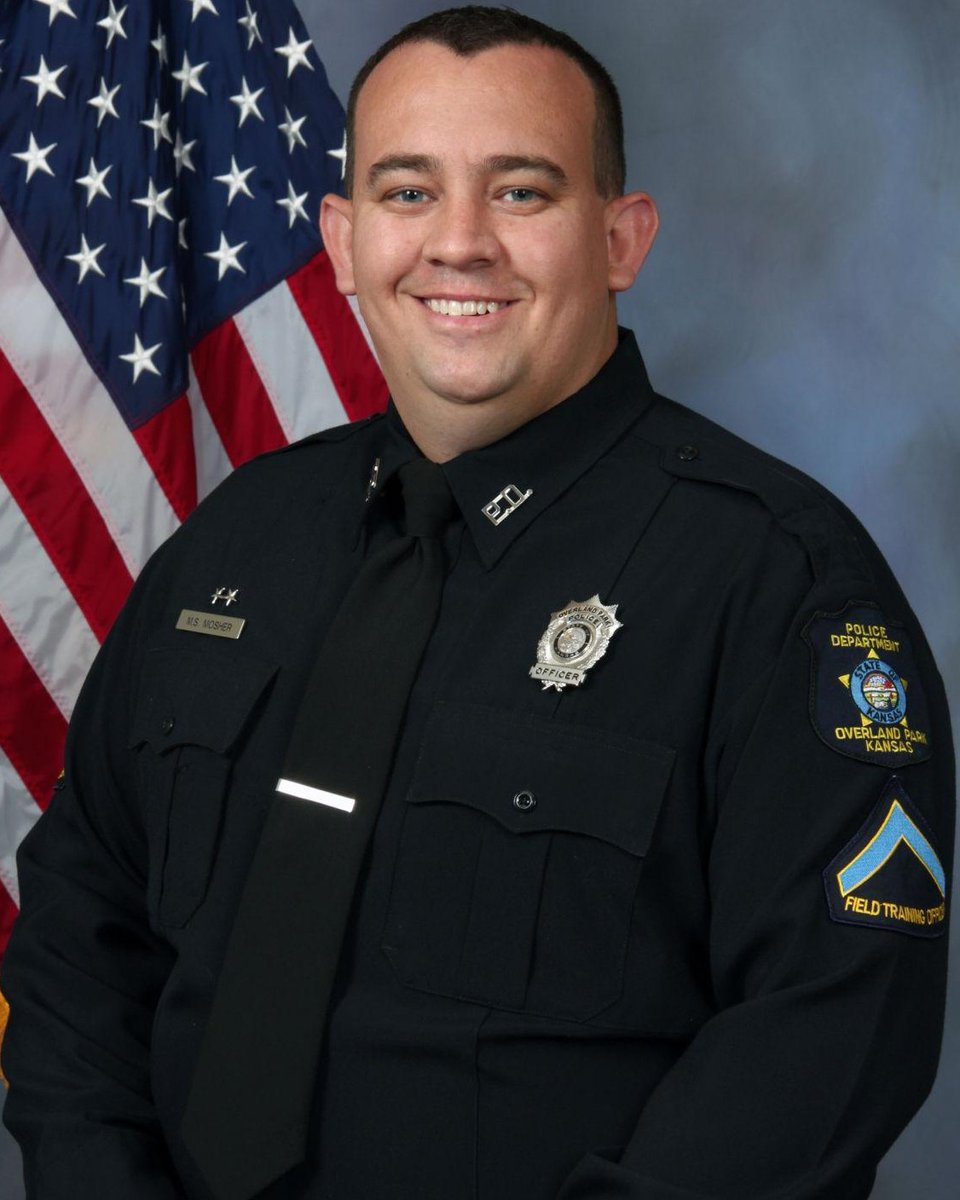 Officer Michael Mosher was shot and killed on May 3rd in Overland Park, KS after trying to arrest a hit and run suspect. He confronted the suspect and the suspect drew a gun and opened fire.