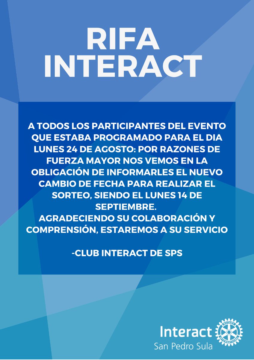interactsps's tweet image. Informamos cambio de la actividad de recaudacion de fondos que se realizaria el dia 24 de Agosto, quedando nueva fecha de realizacion el lunes 14 de septiembre