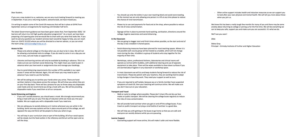 *Important*

We have sent all new and returning students the attached guidance for our reopening in September. Please read it carefully, if you have any questions contact our student services team on 01472 311222 or admissions@grimsby.ac.uk

We look forward to seeing you soon!