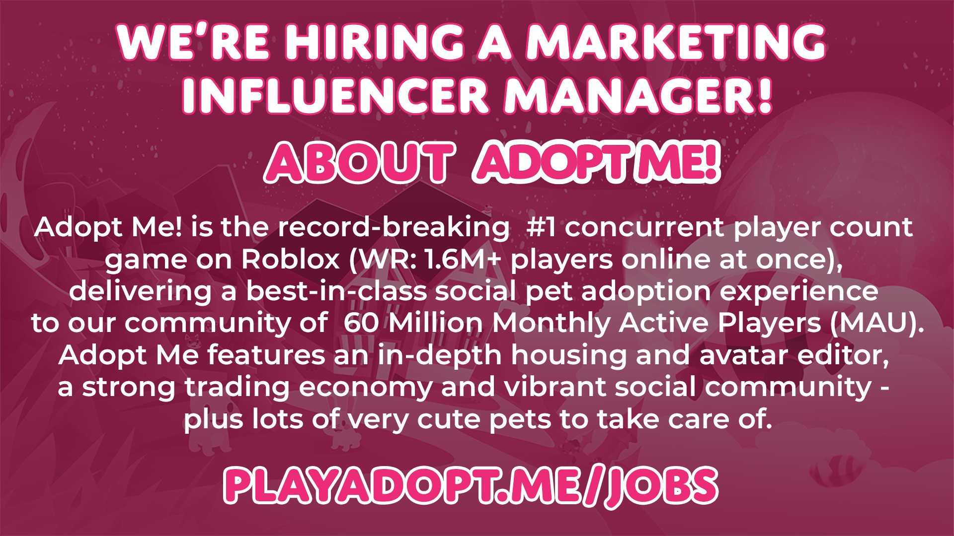 Adopt Me! on X: We're hiring! (remote - US or UK) 🐶 Head of Player Support  🗺️ Localization Project Manager Join the team behind the #1 #Roblox game  and work your own