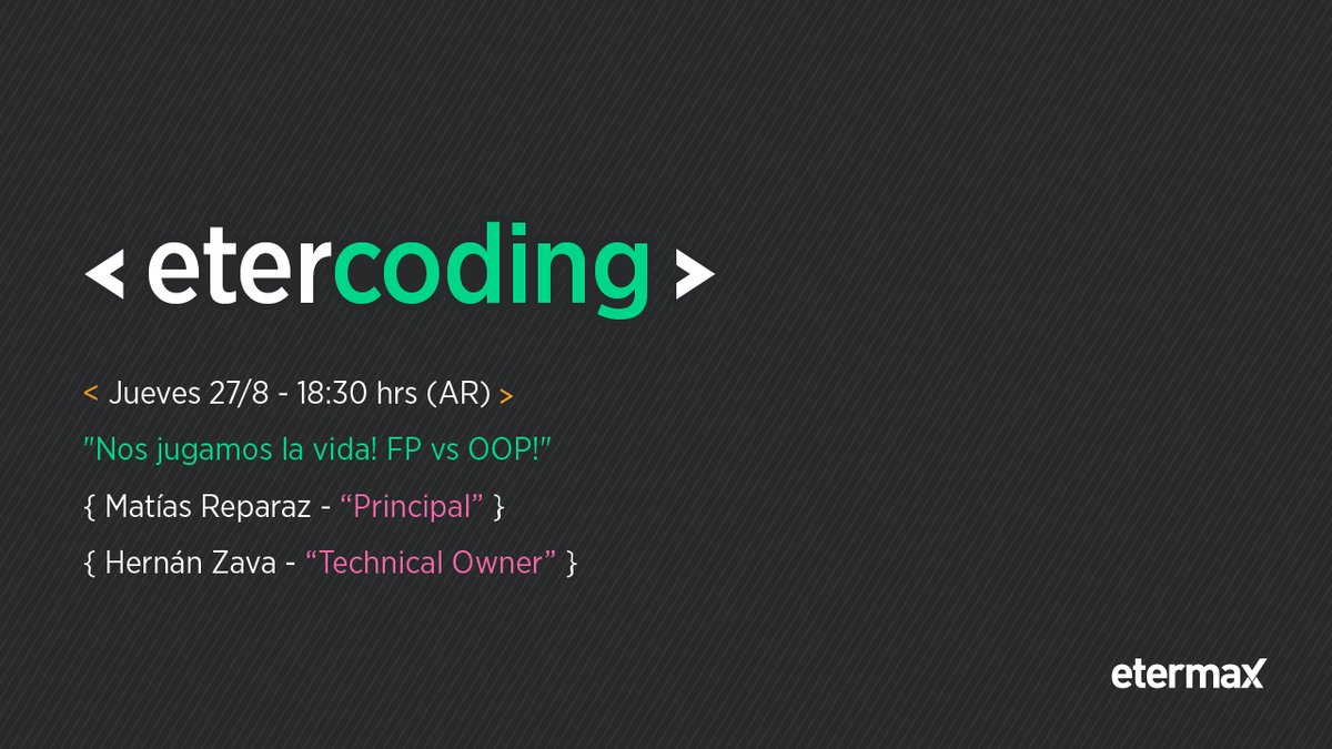 ¡Este jueves tenemos una nueva #etercoding! Los esperamos en Twitch y Facebook Live junto a Matías Reparaz y Hernán Zava, que resolverán la kata "Juego de la Vida", con Programación Funcional y Programación Orientada a Objetos, ambos en Kotlin, y luego compararán resultados.