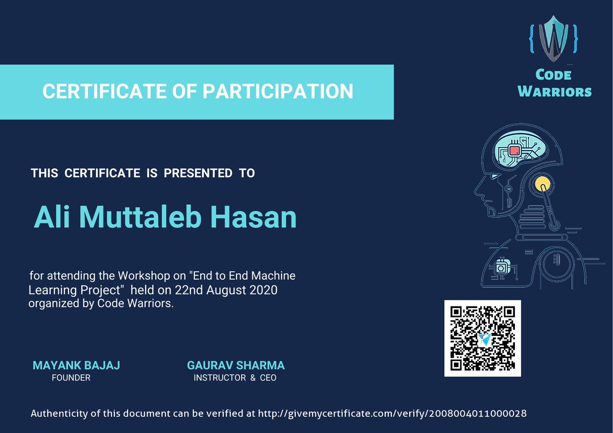 alimatlab65's tweet image. Extra learn will extra knowledge.
Happy learning.
This certificate below verifies that i did successfully completed the course Python for end to end machine learning.
The certificate indicates the entire course was completed as validated by the student.
#codewarriors