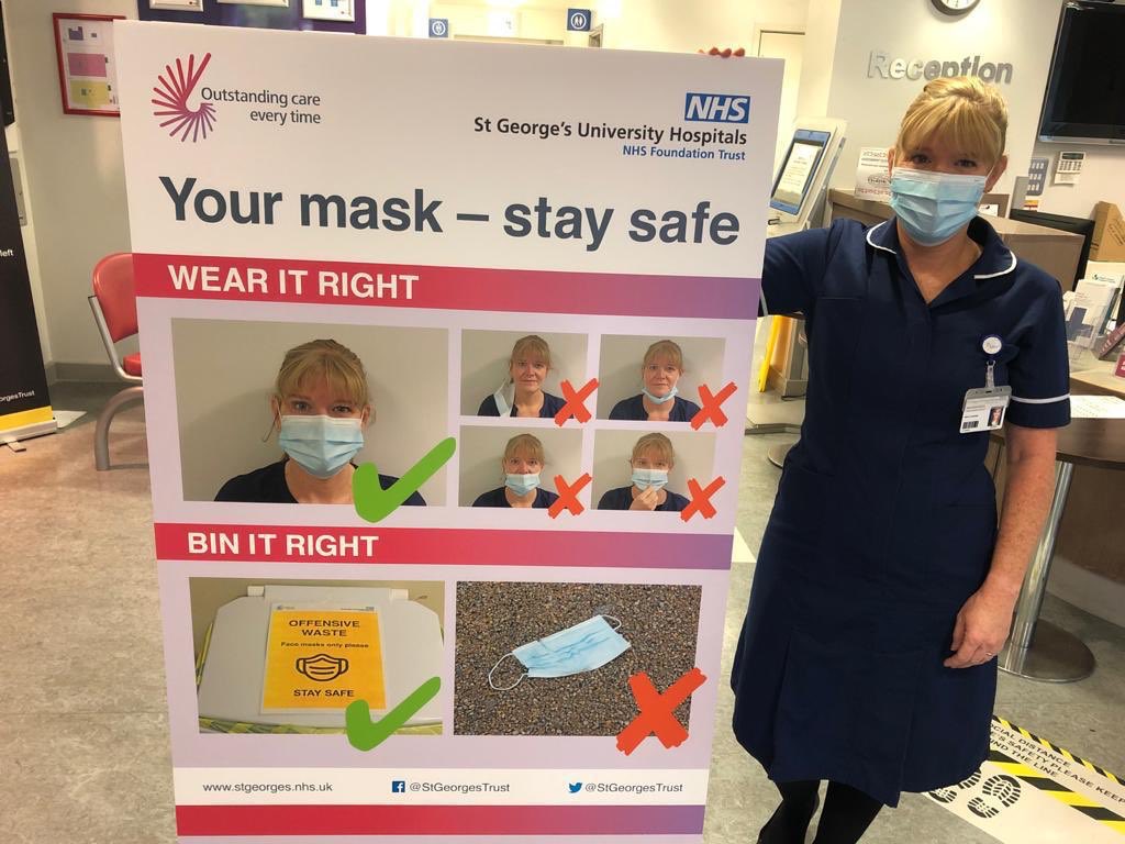 geshNHS's tweet photo. Keeping everyone safe is our priority, which is why you must wear a face mask or covering (unless you’re exempt) at all times inside our hospitals.

Thanks to Joanna for helping us to show everyone how it’s done 👍 

Further guidance here ➡️ https://t.co/Es7WjTgp9S https://t.co/Q7QC1J9WAM