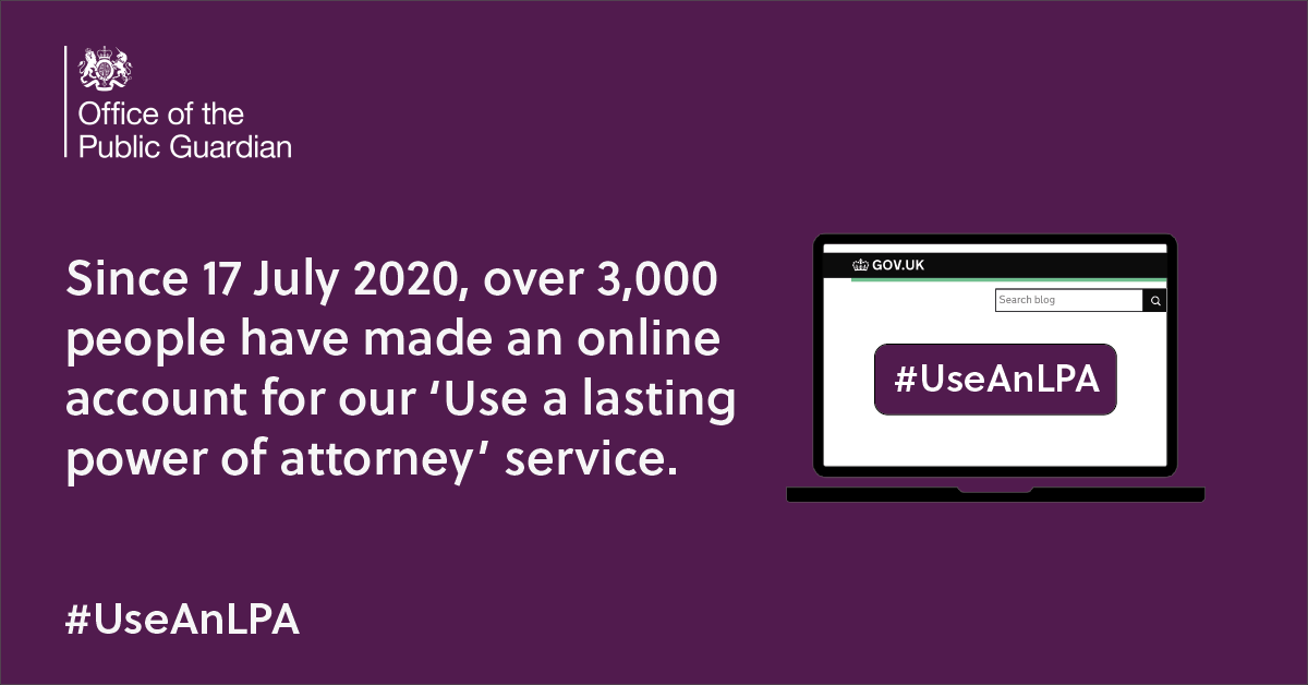 OPGGovUK's tweet photo. Since the launch of our #UseAnLPA service, over 3,000 people have created an online account to share their lasting power of attorney details with organisations they frequently use.
For more information on our newest service, go online 💻 https://t.co/IWdeodL8s2 https://t.co/CViXAJ2Gr9