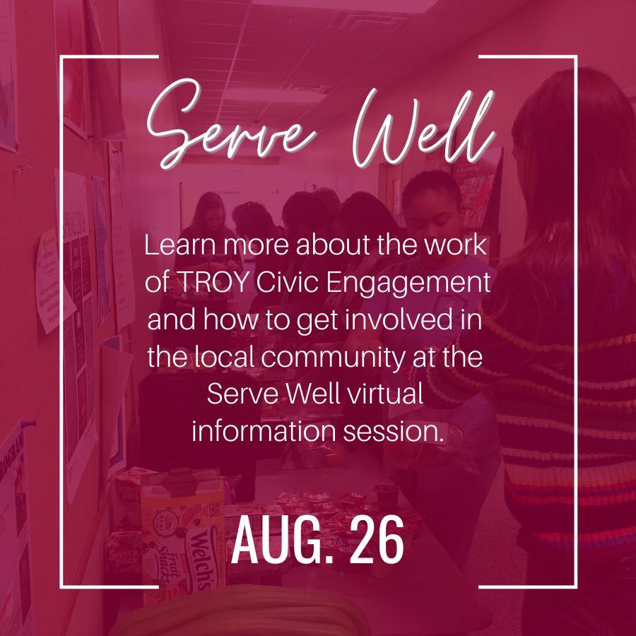 Troy_Service's tweet photo. Happy Monday Trojans! This Wednesday from 12-1, the Office of Civic Engagement will be hosting our Serve Well event! Sign up through the link below to hear more about Civic Engagement and how you can serve this semester!

https://t.co/fa3u2vxieP

#TroyService #TroyStudents https://t.co/51rOqns1x7