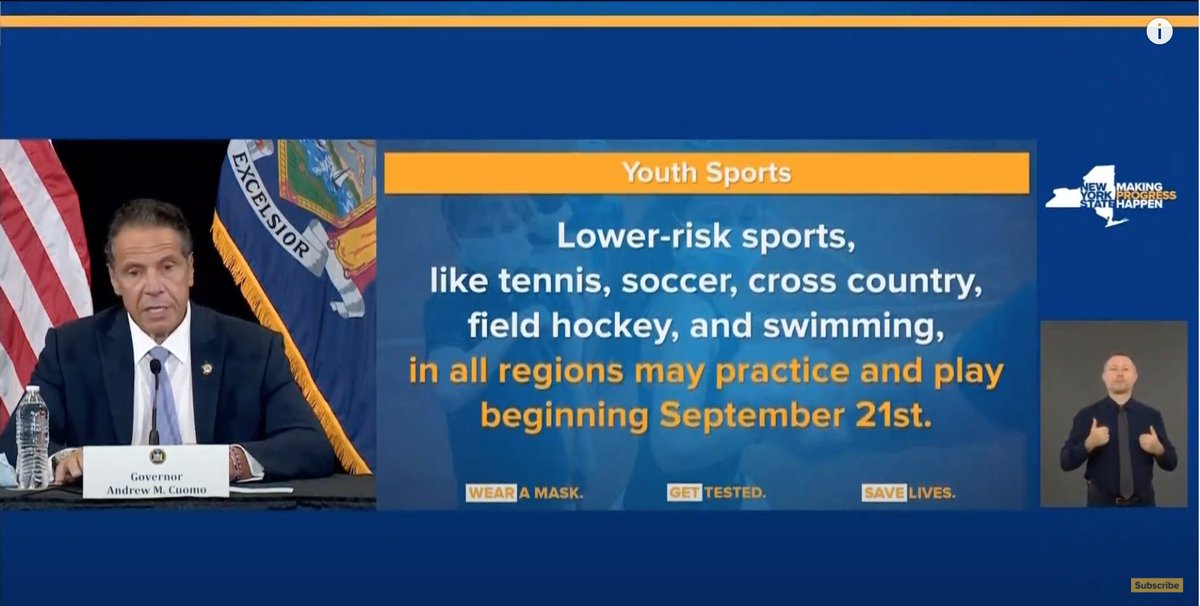 MileSplitNY's tweet photo. Breaking: Cuomo says "Low Risk" Youth Sports can return to play on Sept. 21st, includes Cross Country and Soccer, while "High Risk," citing Football, can practice, but can't play. 

Unclear if/how this applies to HS Sports. Will update as clarification comes in. https://t.co/Qan5ss6G2D