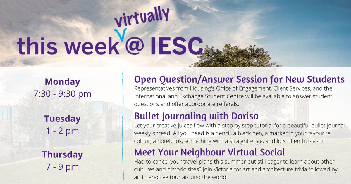 Happy Monday! If you're looking for opportunities to connect- check out three events happening at IESC this week!

For the Zoom links visit our IESC calendar events.westernu.ca/events/iesc/ or join our Global Cafe Community Group on Facebook facebook.com/groups/IESCGlo…