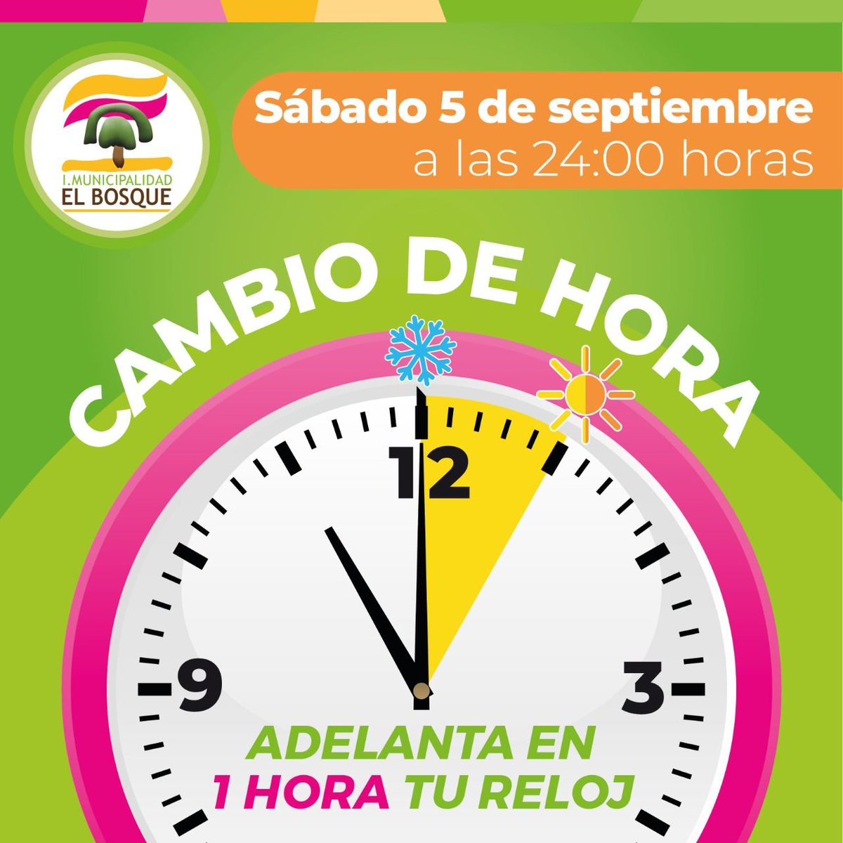 munielbosque's tweet photo. #Cambiodehora⏰🕰⌚️
El horario de invierno finalizará el próximo sábado 5 de septiembre a las 23.59 horas, dando paso al horario de verano, por lo que se deberán adelantar los relojes una hora.⠀⠀
⠀⠀
La medida se aplica en todo el país, exceptuando la región de Magallanes. https://t.co/qeciWCJC65