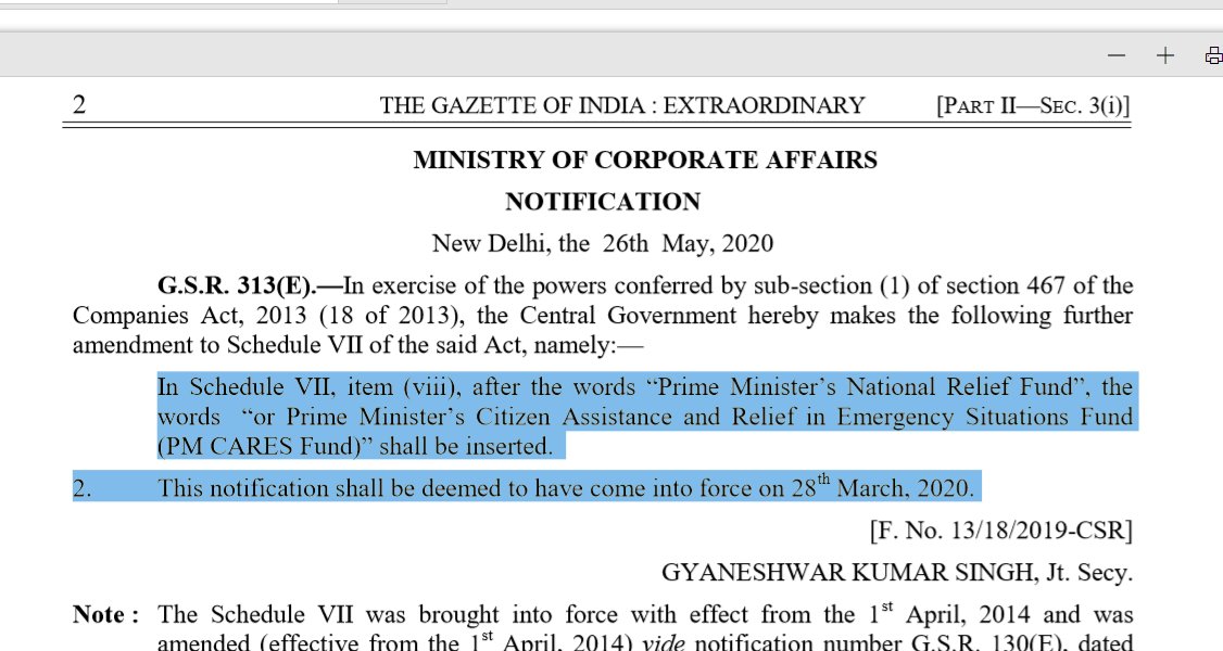 Intriguingly, after collecting CSR money for 2 months on grounds that  #PMCaresFund was set up by Central govt, Companies Act was amended to explicitly include PMCares as being eligible for CSR funding. Was this done to claim that Fund is not a public authority under RTI Act? 3/n