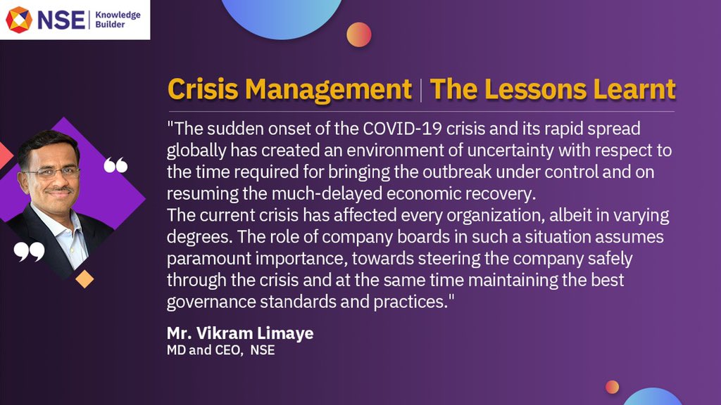 NSEIndia's tweet photo. Mr. @vikramlimaye, MD &amp; CEO - NSE, in a #KnowledgeBuilder webinar series on Crisis Management talked about COVID-19, its effects on organisations &amp; how the boards of these companies should take necessary steps to deal with this efficiently. Full session: https://t.co/qlb0UhEnp9 https://t.co/pcKUsa3VCt