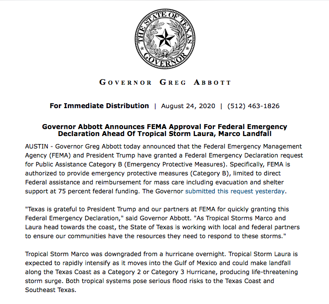JohnWFerguson's tweet photo. JUST IN: @GovAbbott announces that the White House has issued a Federal Emergency Declaration ahead of #TSMarco and #TSLaura
Declaration includes Galveston County #GalvNews https://t.co/9ejZYgPDJ0