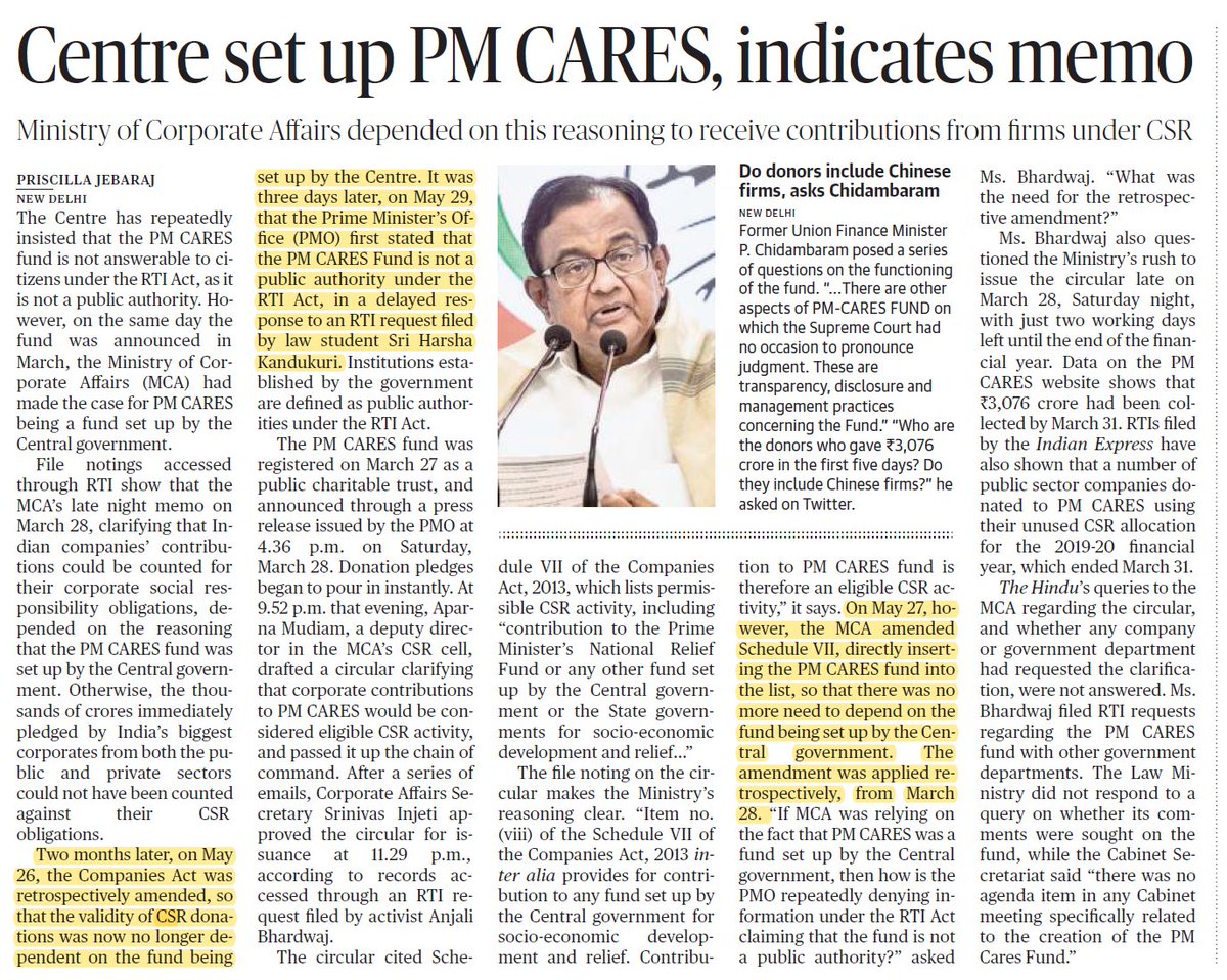 Intriguingly, after collecting CSR money for 2 months on grounds that  #PMCaresFund was set up by Central govt, Companies Act was amended to explicitly include PMCares as being eligible for CSR funding. Was this done to claim that Fund is not a public authority under RTI Act? 3/n