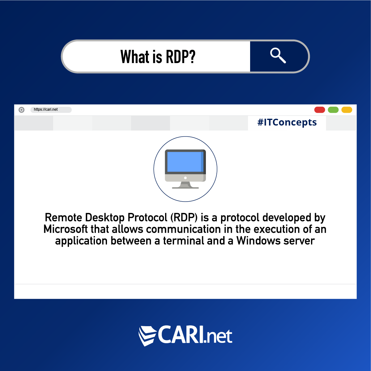 CARInetInc's tweet image. What is RDP?

🖥 Remote Desktop Protocol (RDP) is a protocol developed by Microsoft that allows communication in the execution of an application between a terminal and a Windows server.

#ITConcepts #CARInet