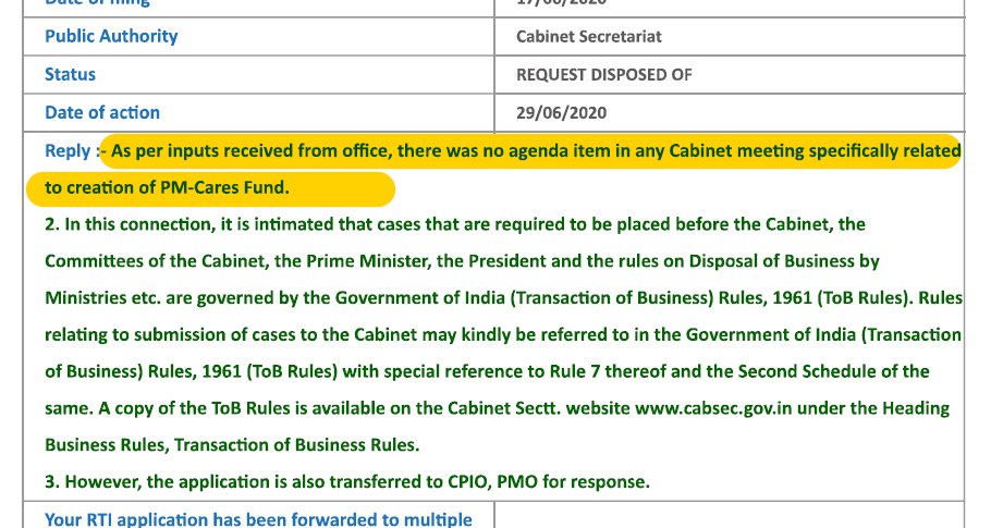 RTI response shows that Cabinet did not discuss creation of  #PMCaresFund It is strange that a body with PM as ex officio Chairperson & 3 cabinet ministers (Home, Defence & Finance) as trustees in ex-officio capacity, did not go thru Cabinet. Who took decision to set up Fund? 4/n