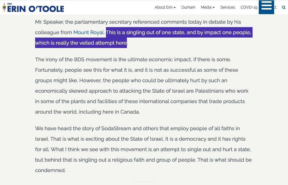 O’Toole voted to condemn the nonviolent boycott, divestment, and sanctions (BDS) movement in 2016, and slandered Canadians who boycott Israel as antisemites.  https://erinotoolemp.com/2016/02/18/business-of-supply-41/;  https://erinotoolemp.com/2016/02/18/business-of-supply-40/