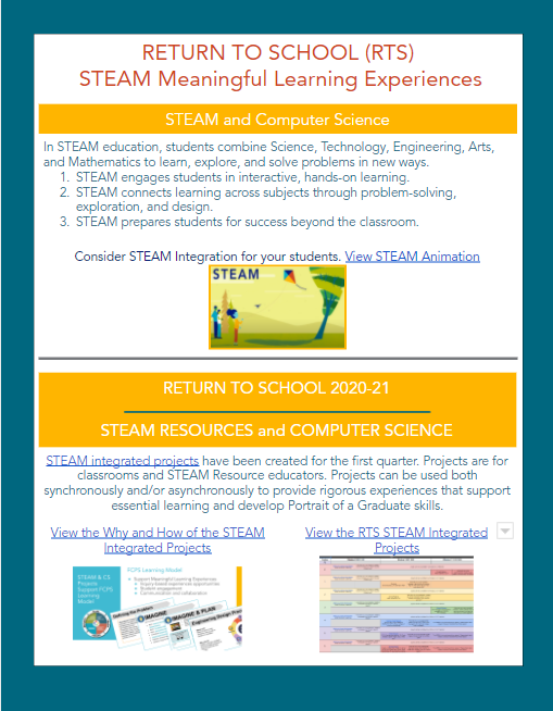 FCPSSTEAM's tweet photo. FCPS educators: visit https://t.co/Y97mlxeXDv or https://t.co/XsCbGfTdSm to engage in a asynchronous learning opportunity to learn more about implementing STEAM instruction in a virtual environment. Explore STEAM projects that engage students in meaningful learning experiences. https://t.co/G2tWYwoRHq