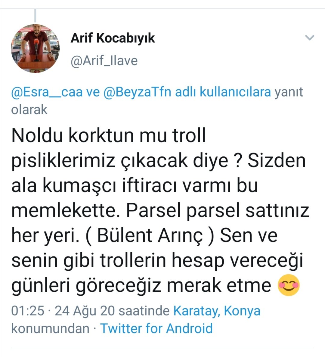 aʙᴅᴜʟʟᴀʜ unluturk on twitter arif kocabiyik tutuklansin halki tehdit eden kin ve nefretle kiskirtan bu sahis hukuk gereken dersi vermeli alayinarte arifkocabiyiktutuklansin https t co vn2jyays68 twitter