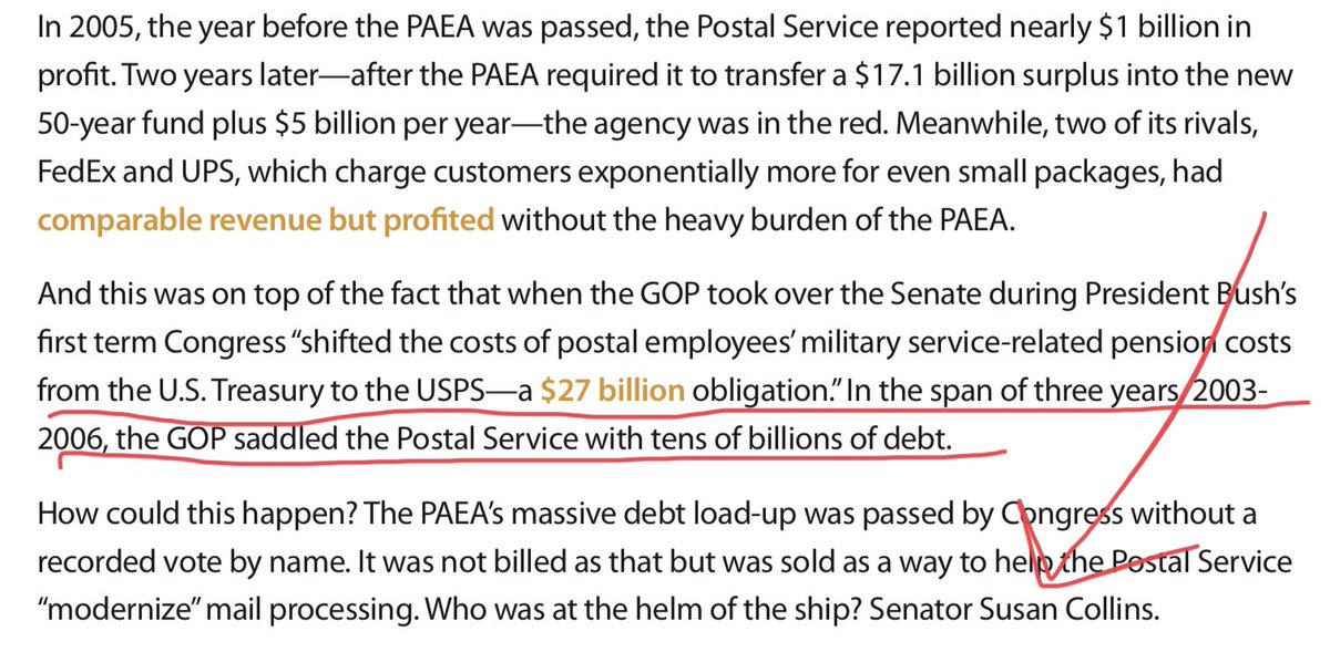 So before y’all call me crazy, remember that KOCH and GOP minions have been placed within USPS for the last 30 years. With Bush and  @SenSusanCollins they were able to almost cripple USPS with debt and pre-funded 75 years of pensions.10/