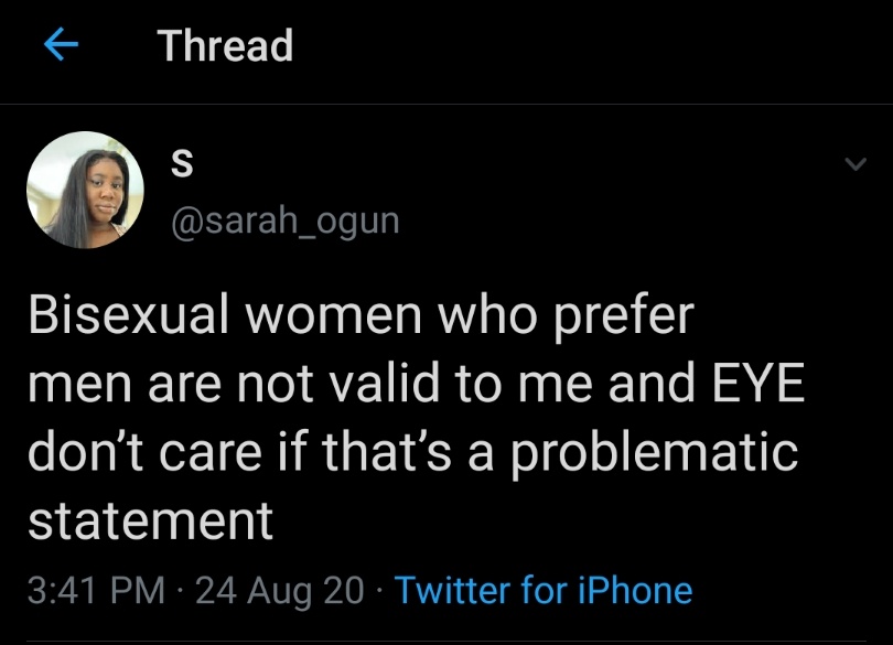 We can discuss compulsory heterosexuality all day but you're not gonna tell me that that's all that was going on in that thread. Replace bisexual with nonbinary in this tweet and see how that works for you.