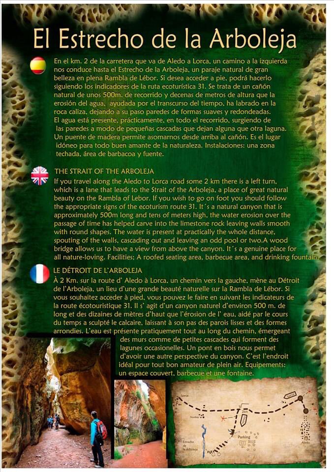 ¿Sabías qué...?
Una de las joyas de la naturaleza que tenemos en nuestro pueblo es "El Estrecho de la Arboleja". Se encuentra en el kilómetro 2 de la carretera que va de Aledo a Lorca y es una visita obligatoria para todos aquellos que nos visiten. ¿A qué esperas?