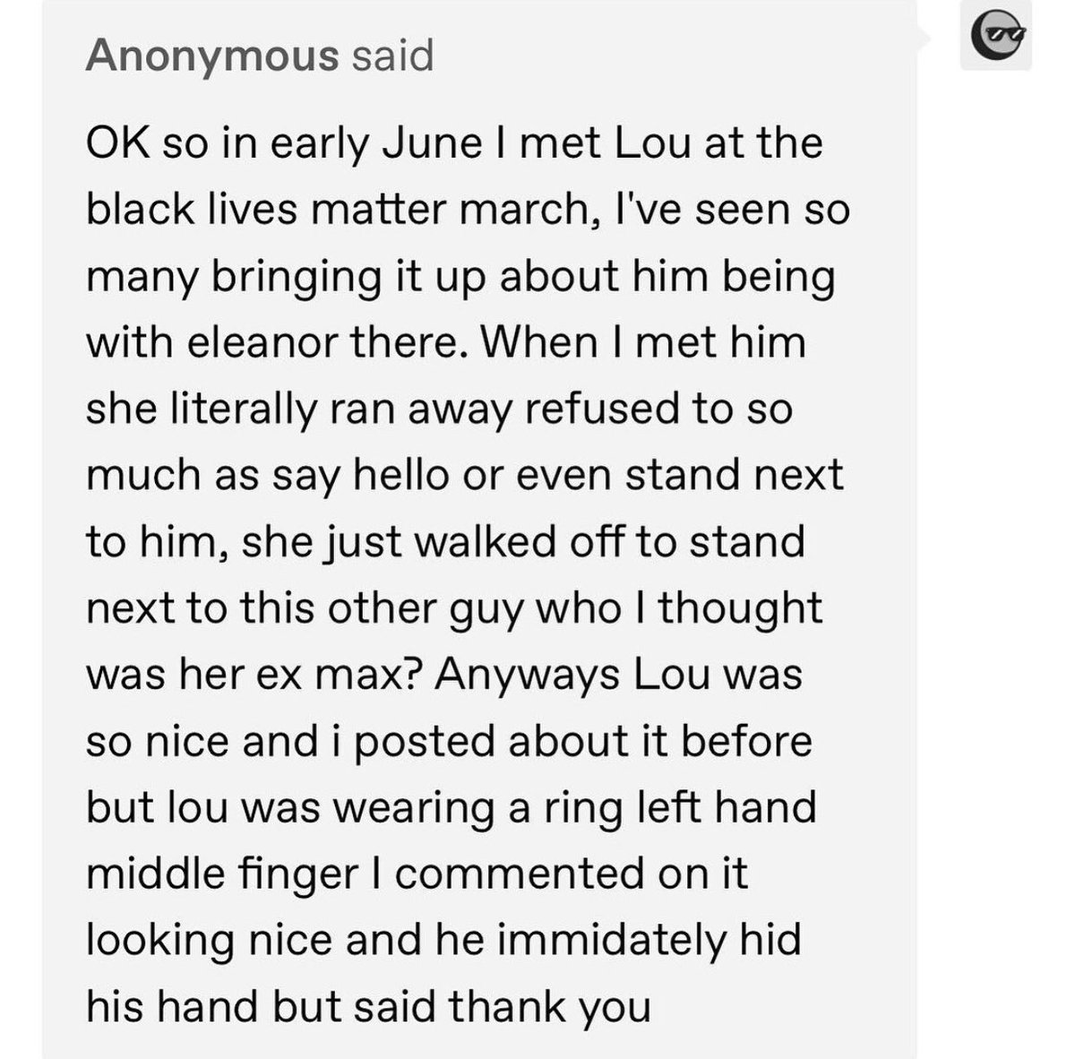 This is the most recent proof and receipt that we've gotten of Lou wearing a ring. Now it's upto you whether you'd like to believe it or not. But it does seem quite believable to me.