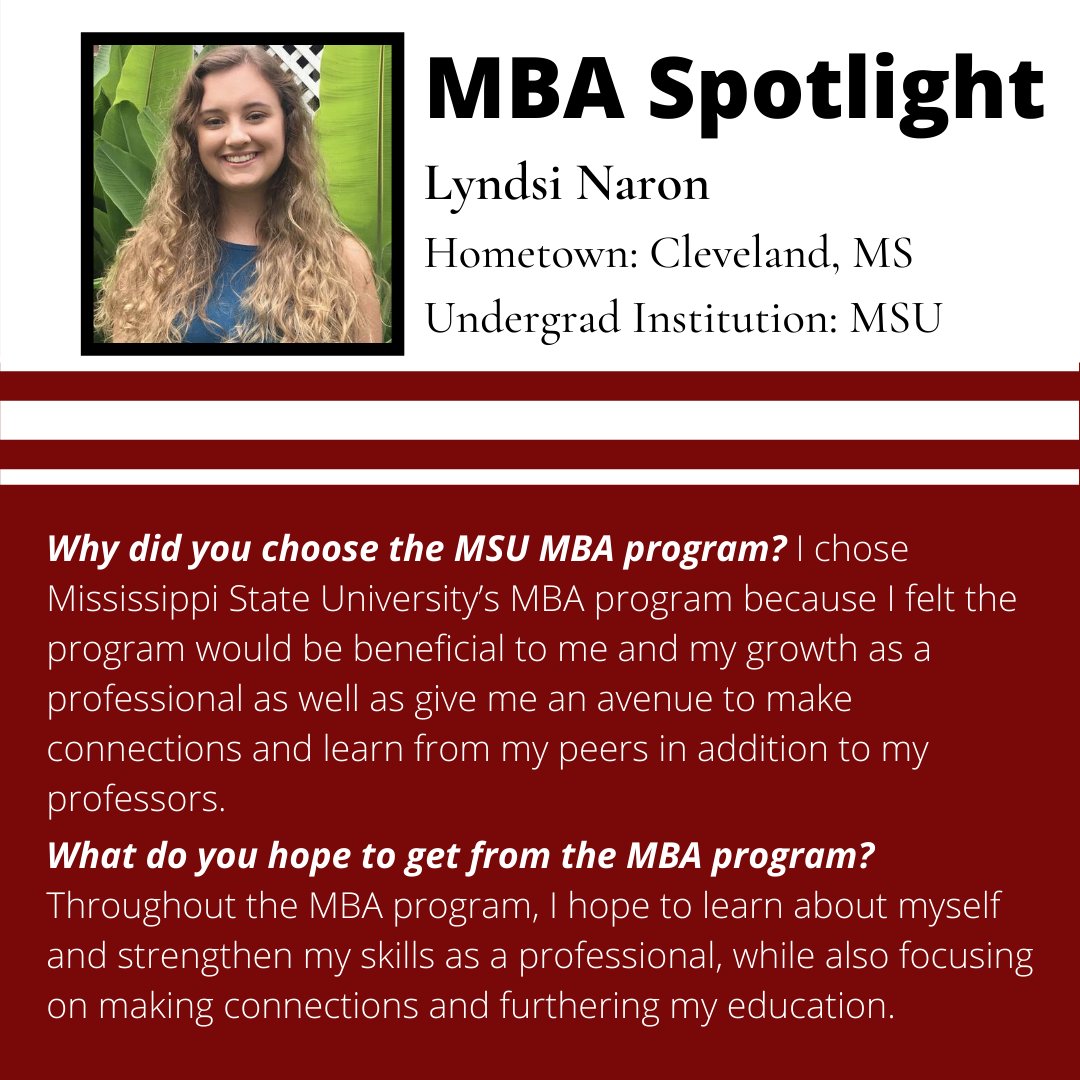 MSStateMBA's tweet image. Say "Hi" to Lyndsi Naron, our next student spotlight! Lyndsi graduated from MSU with a degree in English. Check out why she chose to pursue an MBA! #msstatemba

Learn more about the MSU MBA Programs at buff.ly/2C47pek